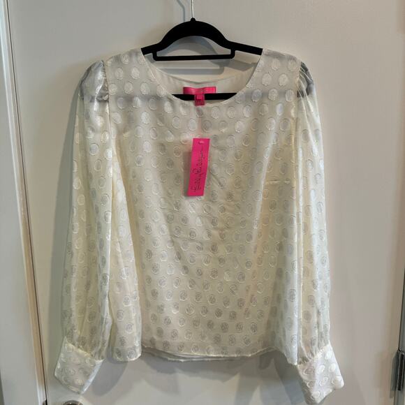 New Lilly Pulitzer Polka Dot Sheer Blouse White Round Neck Zip Long Sleeve Sz L - Picture 1 of 5